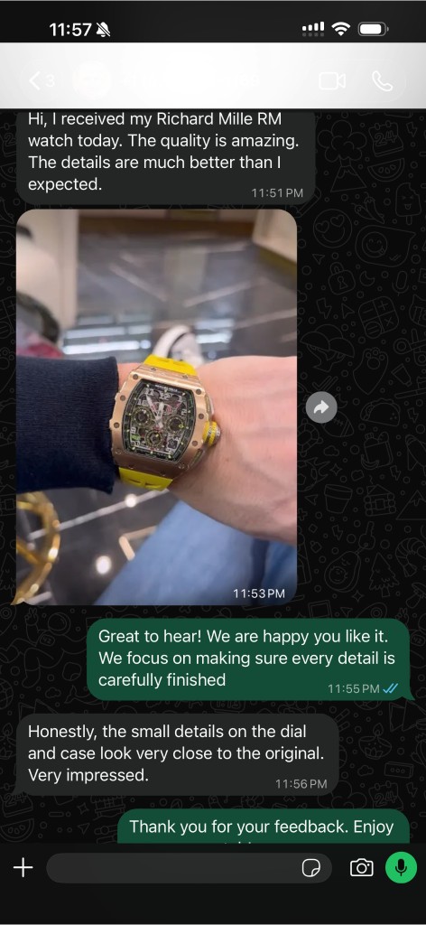 Customer review and wrist photo of a Richard Mille replica watch