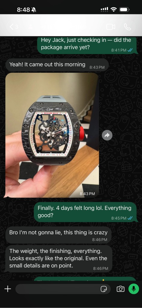 Customer review and close-up photo of a Richard Mille replica watch