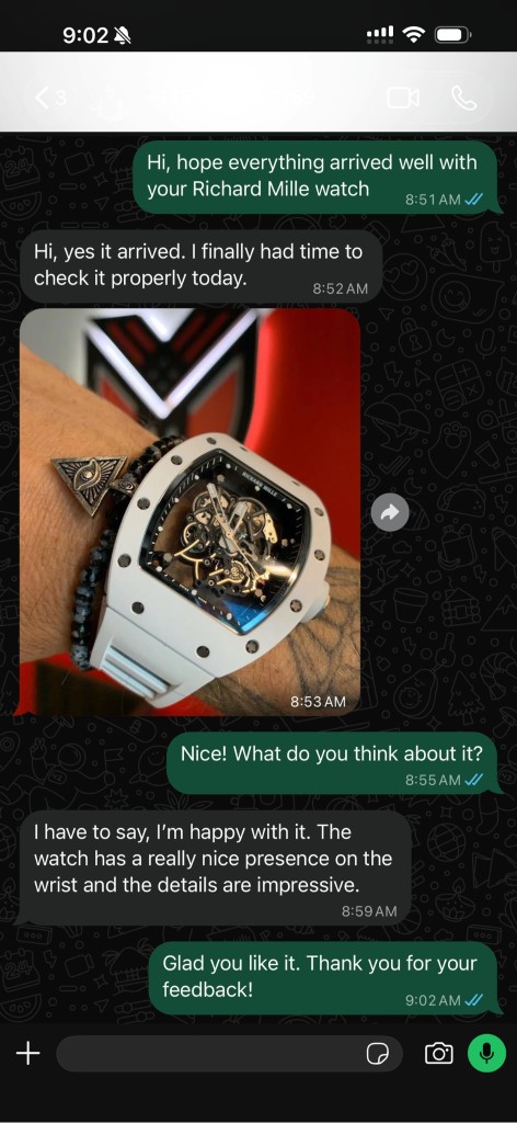 Customer review and close-up photo of a skeleton Richard Mille replica