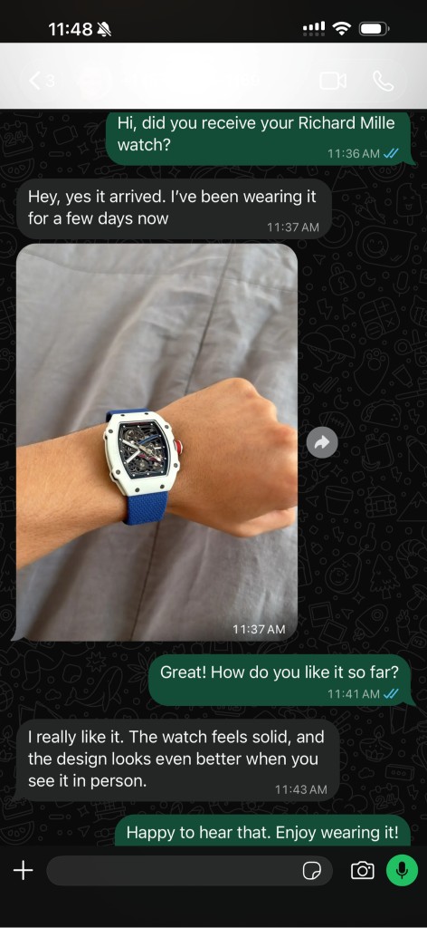 Customer review and wrist photo of a Richard Mille replica with a blue strap