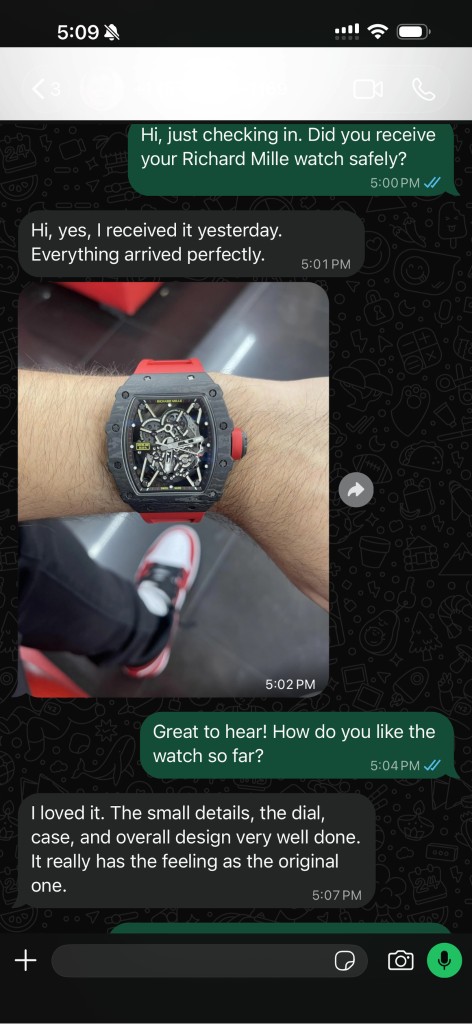 Customer review and wrist photo of a Richard Mille replica with a red strap