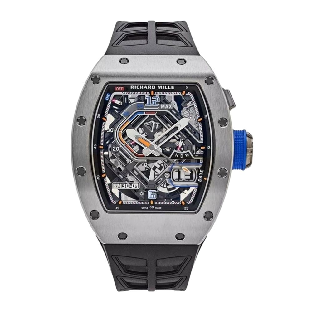 Richard Mille RM030 replica watch with skeleton dial and tourbillon-style design.