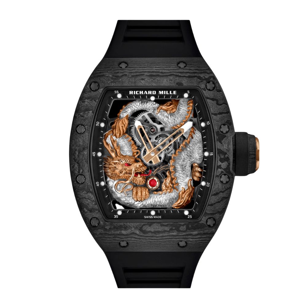 Richard Mille RM 57-03 collection of luxury replica watches with dragon skeleton dial, carbon fiber case and red rubber strap – richard mille replica