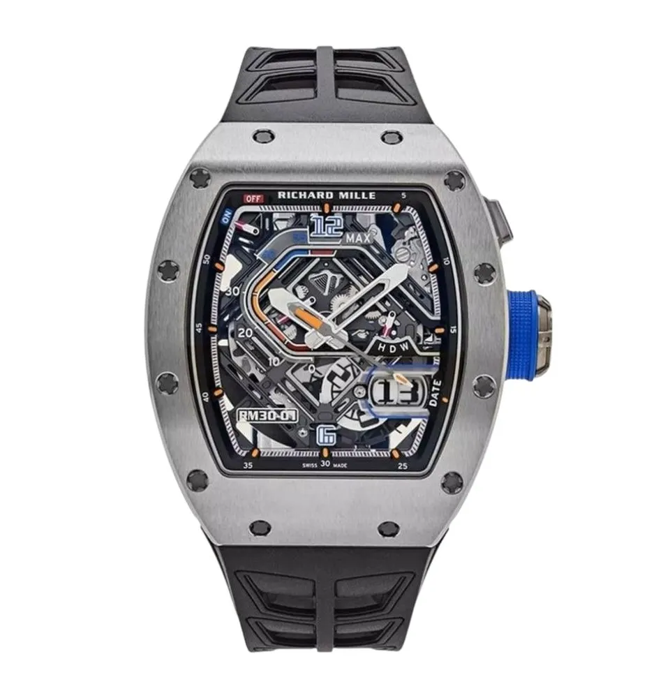 Richard Mille RM030 replica watch with skeleton dial and tourbillon-style design.