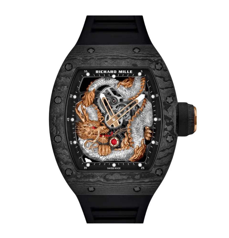 Richard Mille RM 57-03 collection of luxury replica watches with dragon skeleton dial, carbon fiber case and red rubber strap – richard mille replica