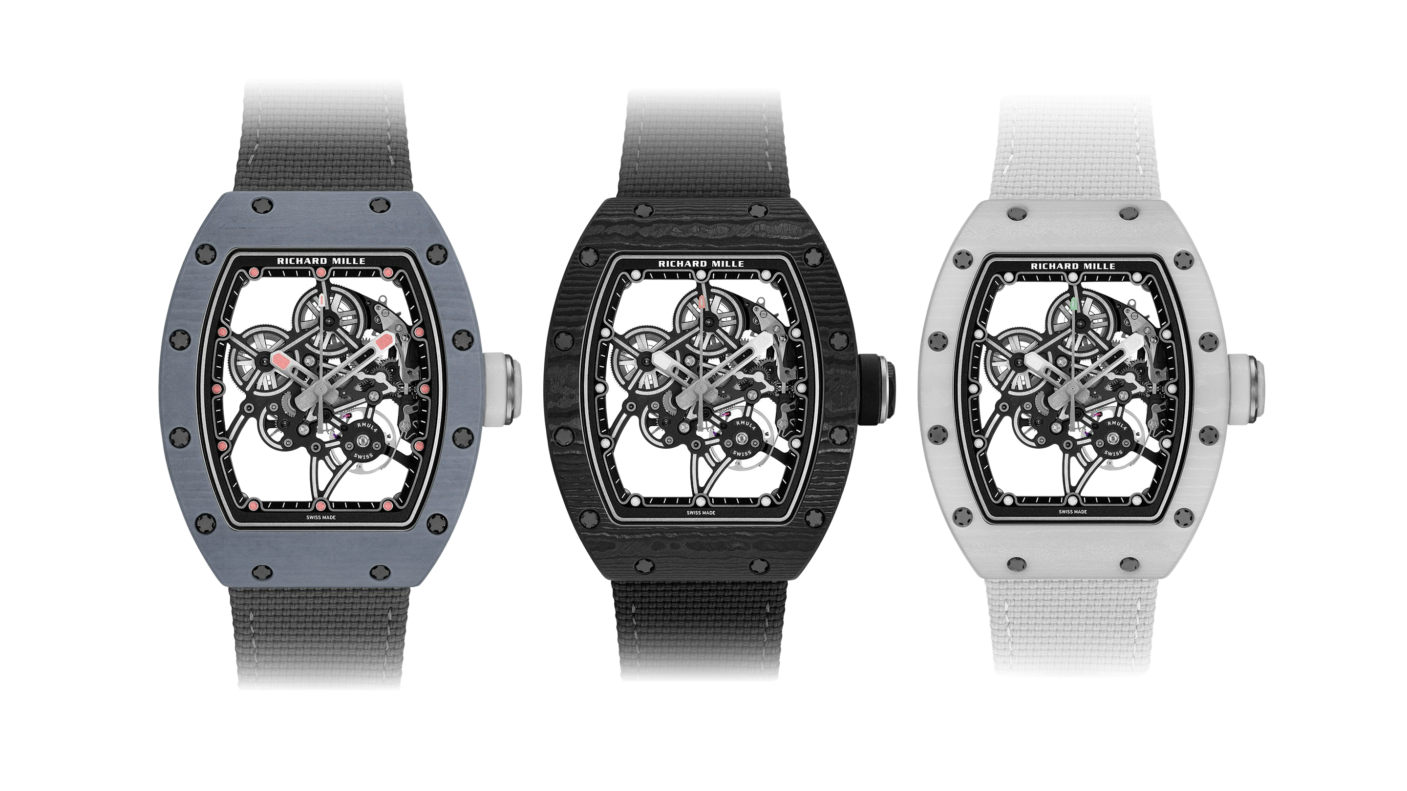 Richard Mille replica watches in carbon and titanium with skeleton dials and rubber straps
